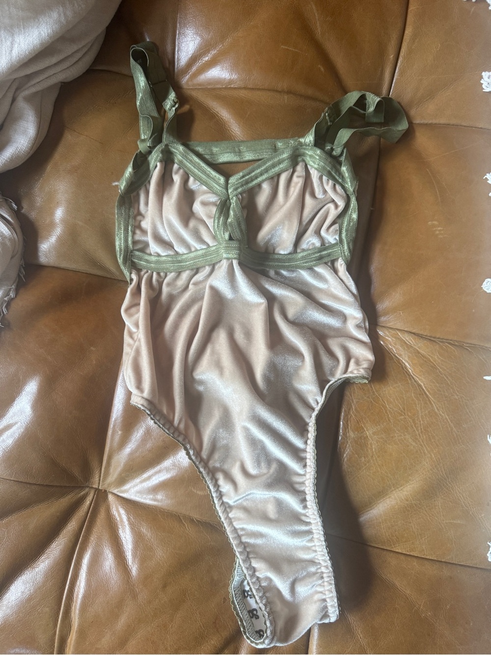 Solstice Thong One-Piece in Powder Blush with Olive Contrast Trim